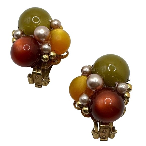 Vintage West Germany Cluster Earrings Clip-On Lucite 1960s Costume Jewelry - Picture 1 of 5